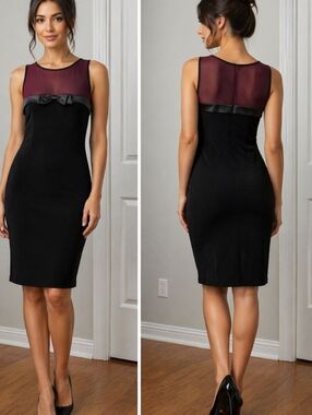 Velvet Black Mesh Neckline Dress Bow Detail Cocktail Holiday Party Small